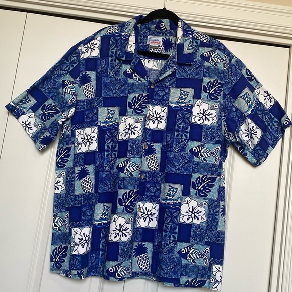 HAWAII Other - HAWAII Mens 3X Button front Hawaiian‎ Shirt fish canoes pineapple Cotton Vintage